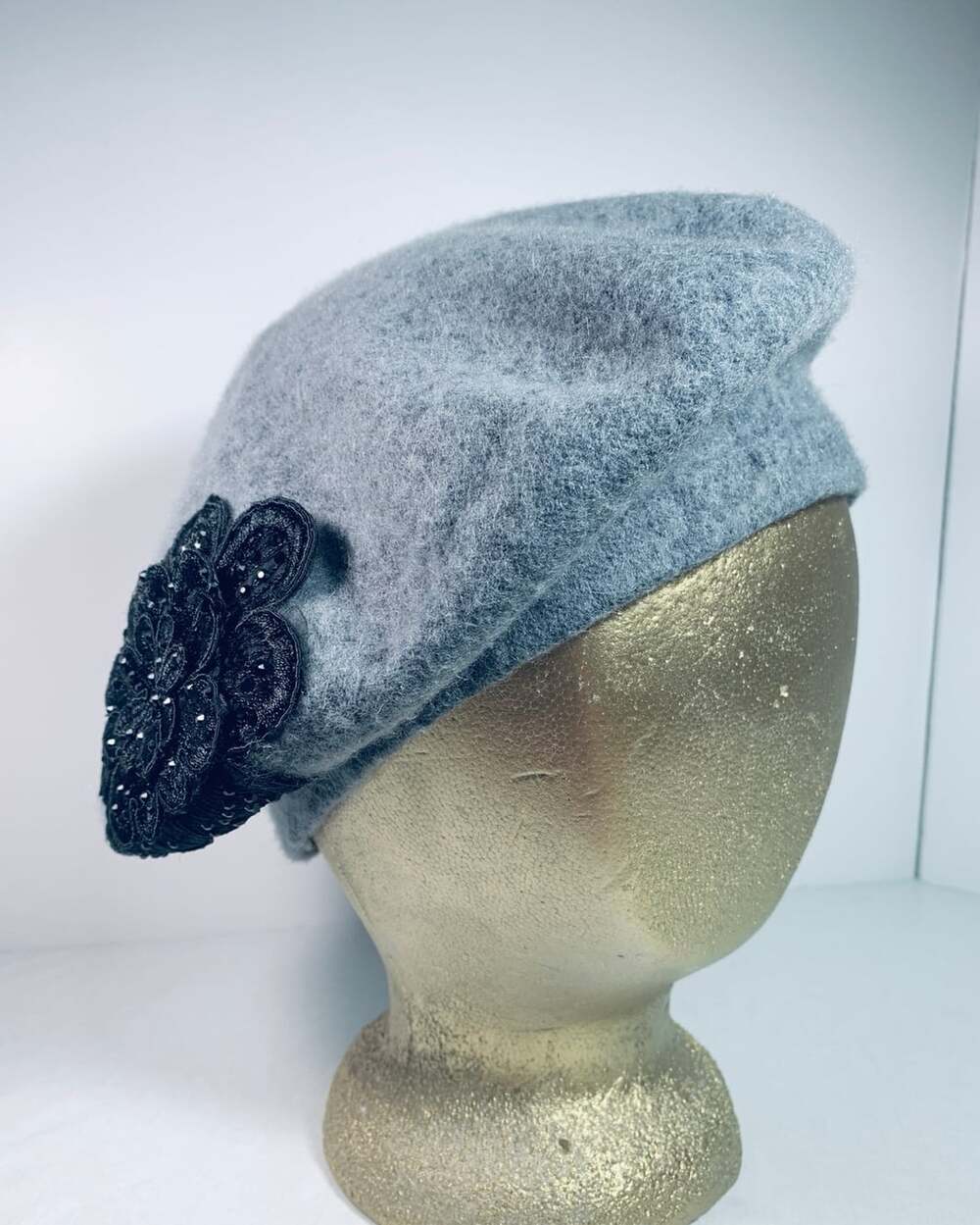 Grey Beret with Appliqué Wool Acrylic